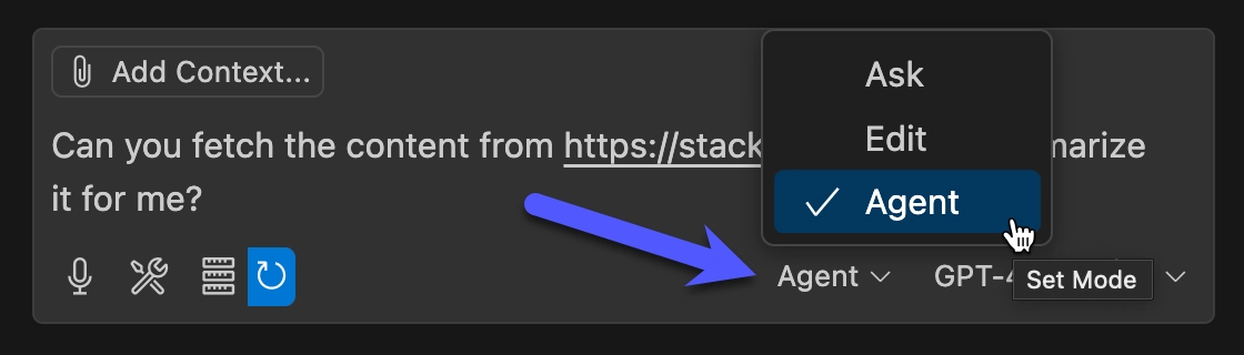 VS Code Copilot agent mode selection VS Code Copilot agent mode selection